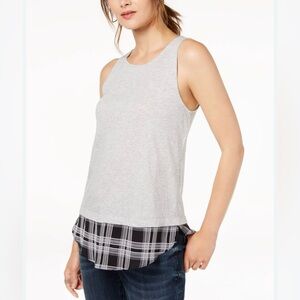 INC,INTERNATIONAL CONCEPTS, WMNS Plaid Layered Look Sleeveless Top | GRY | LG |